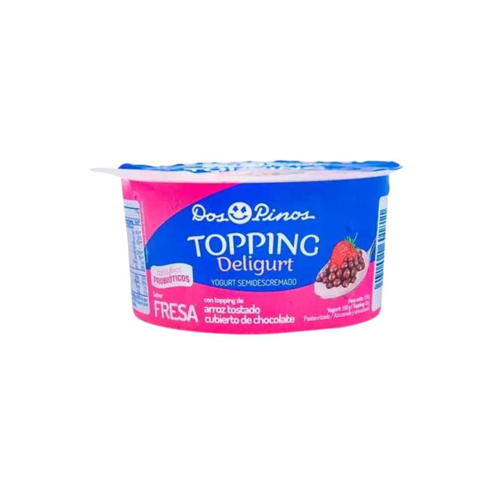 Yogurt Fresa c/ topping de arroz cubierto de chocolate